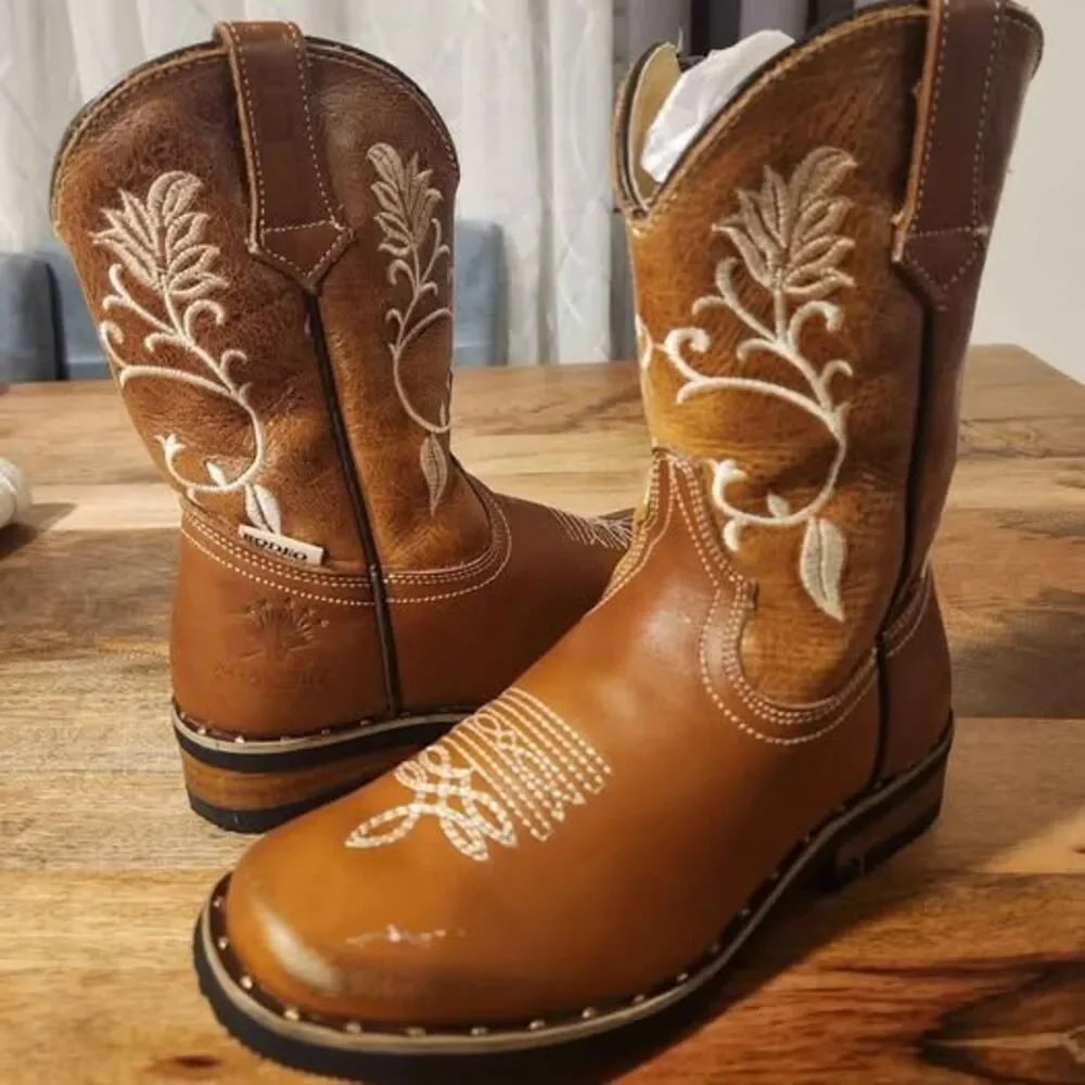 Brown Square Toe Real Leather Cowboy Boots from Zacatecas Size 20.5 MX 1.5 Kids